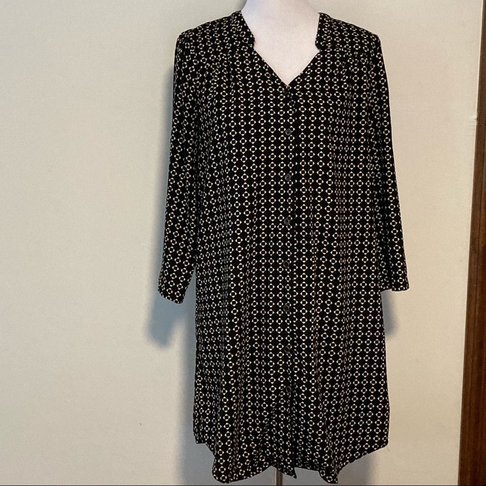 41 Hawthorn Cristen Geometric Shirt Dress Medium Black Beige Roll Cuff